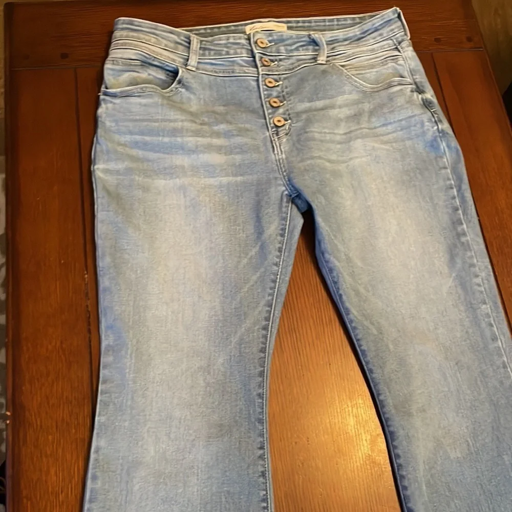 Kancan flare. Light blue denim. Size 32  distressed bottoms. - Picture 2 of 9
